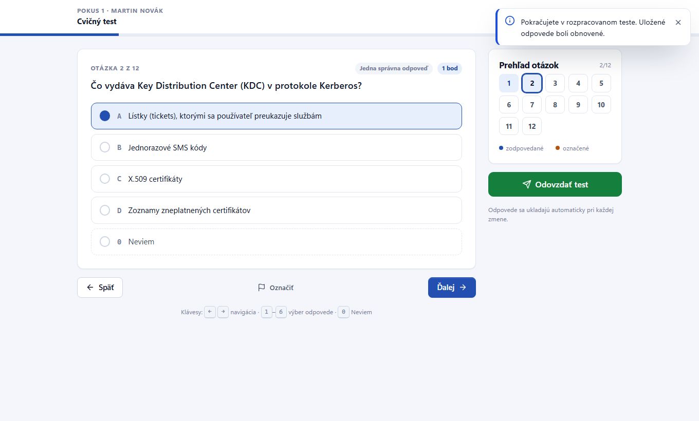Písanie testu – otázka, prehľad otázok, časovač a automatické ukladanie