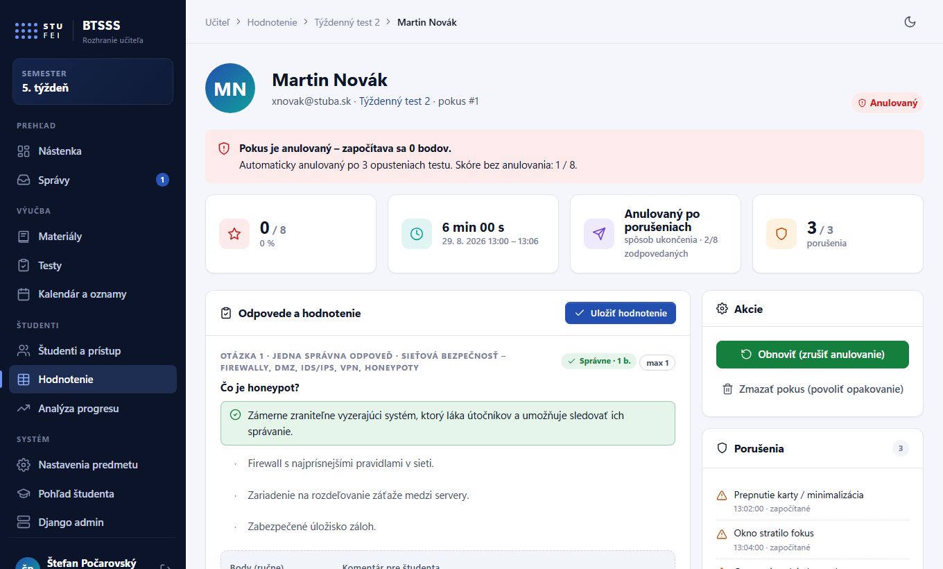 Detail pokusu – porušenia, odpovede a akcie
